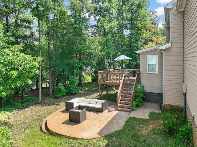 2925 Dargan Hills Dr, Wake Forest, NC 27587 - view of yard with stairs, a deck, an outdoor living space, a patio area, and view of scattered trees