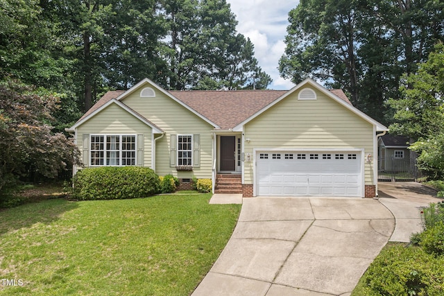 6205 Houndsman Ct, Raleigh, NC 27616 - ranch-style home featuring a garage, concrete driveway, a front lawn, and a shingled roof