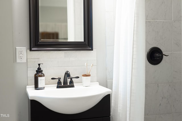 2801 E Shoreham St, Durham, NC 27707 - full bathroom featuring vanity, tasteful backsplash, and a shower with shower curtain