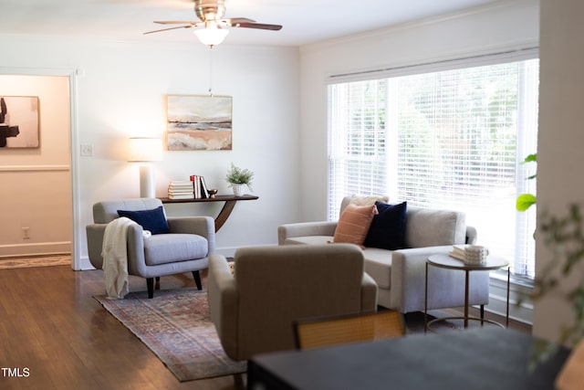 2801 E Shoreham St, Durham, NC 27707 - living area featuring a ceiling fan, wood finished floors, and crown molding