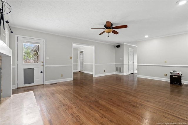 4304 Ferncreek Dr, Fayetteville, NC 28314 - unfurnished living room featuring ceiling fan, wood finished floors, crown molding, a stone fireplace, and recessed lighting
