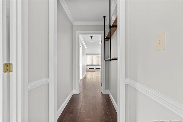 4304 Ferncreek Dr, Fayetteville, NC 28314 - corridor featuring dark wood-type flooring, crown molding, and a baseboard heating unit