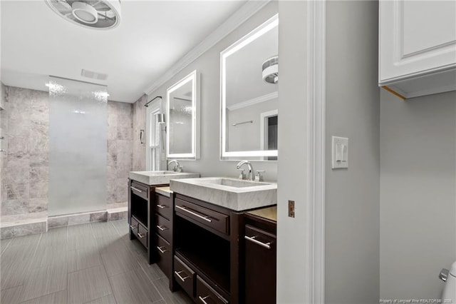 4304 Ferncreek Dr, Fayetteville, NC 28314 - full bath featuring walk in shower, vanity, and ornamental molding