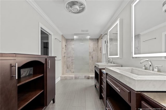 4304 Ferncreek Dr, Fayetteville, NC 28314 - full bathroom with a shower stall, two vanities, and crown molding