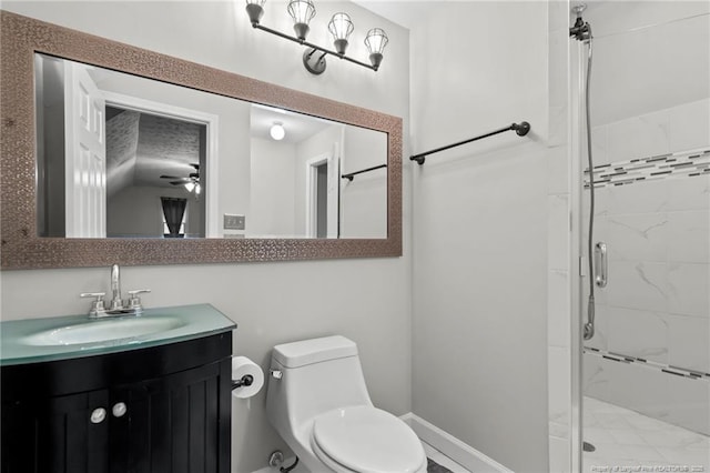 4304 Ferncreek Dr, Fayetteville, NC 28314 - bathroom with a shower stall, vanity, and a ceiling fan