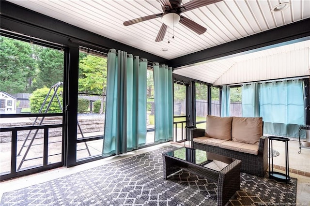4304 Ferncreek Dr, Fayetteville, NC 28314 - sunroom featuring ceiling fan, an outdoor living space, and plenty of natural light