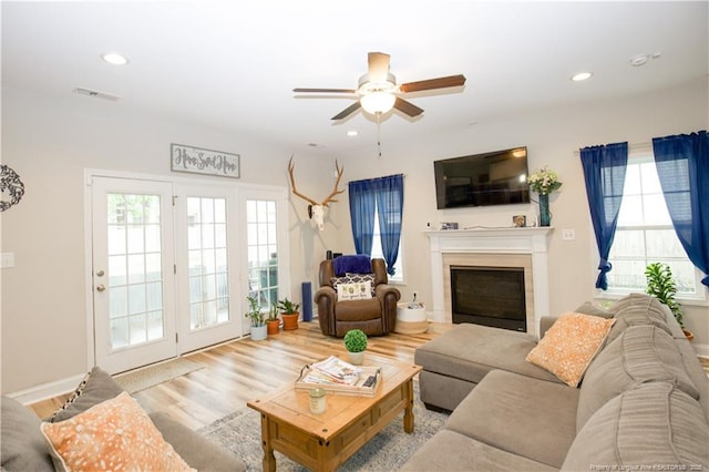 435 Lancaster Dr, Vass, NC 28394 - living area with a ceiling fan, a fireplace, wood finished floors, and recessed lighting