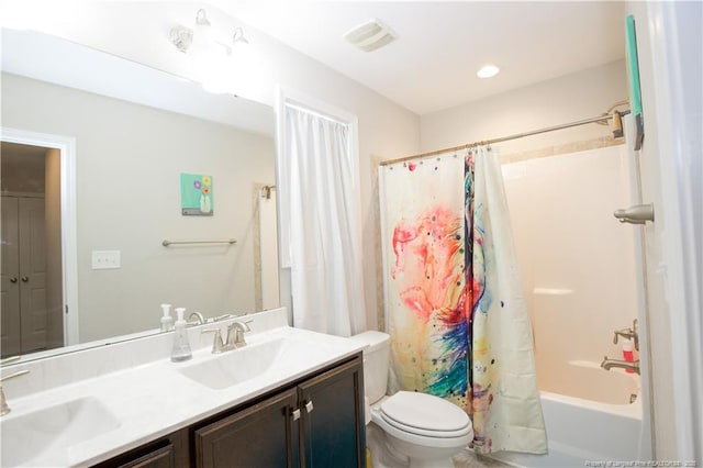 435 Lancaster Dr, Vass, NC 28394 - full bathroom with double vanity, shower / tub combo with curtain, and recessed lighting