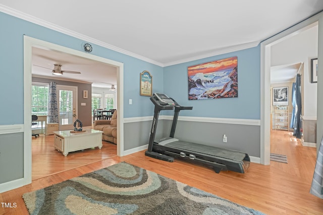 2401 Worthing Ct, Wake Forest, NC 27587 - workout area featuring wood finished floors, crown molding, and ceiling fan
