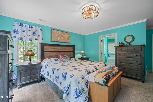 2401 Worthing Ct, Wake Forest, NC 27587 - carpeted bedroom featuring crown molding and ensuite bath