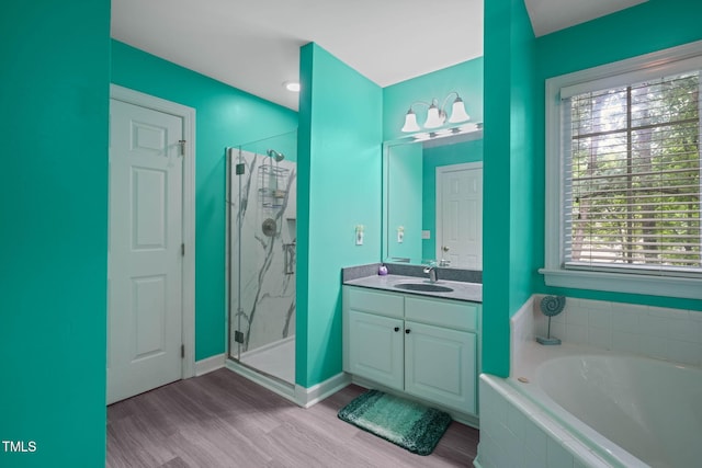 2401 Worthing Ct, Wake Forest, NC 27587 - full bath featuring wood finished floors, a stall shower, a garden tub, vanity, and plenty of natural light