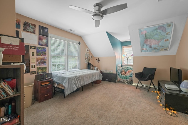 2401 Worthing Ct, Wake Forest, NC 27587 - carpeted bedroom with multiple windows, vaulted ceiling, and a ceiling fan