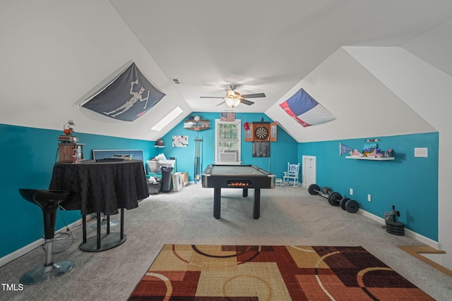 2401 Worthing Ct, Wake Forest, NC 27587 - recreation room featuring carpet flooring, ceiling fan, billiards, and vaulted ceiling