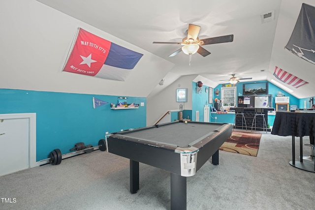 2401 Worthing Ct, Wake Forest, NC 27587 - recreation room with a ceiling fan, carpet floors, billiards table, lofted ceiling, and a dry bar