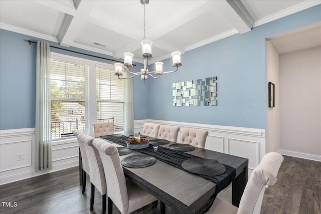 103 Foothill Ct, Sanford, NC 27330 - dining area with a chandelier, dark wood-style floors, coffered ceiling, beamed ceiling, and ornamental molding