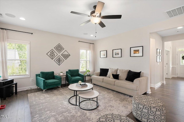 103 Foothill Ct, Sanford, NC 27330 - living room featuring hardwood / wood-style flooring, a ceiling fan, and recessed lighting