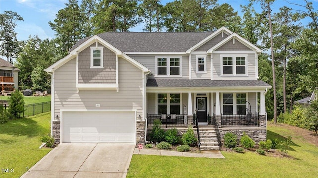 103 Foothill Ct, Sanford, NC 27330 - craftsman inspired home featuring a porch, an attached garage, stone siding, driveway, and a shingled roof