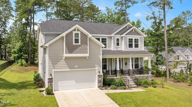 103 Foothill Ct, Sanford, NC 27330 - craftsman inspired home featuring a porch, concrete driveway, a garage, a front lawn, and roof with shingles