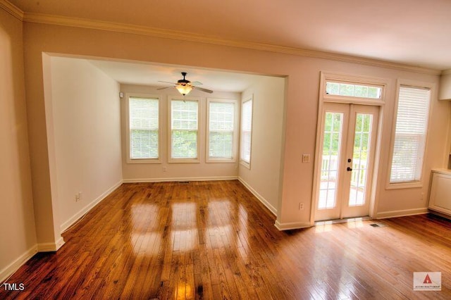 332 Bridgegate Dr, Cary, NC 27519 - foyer with hardwood / wood-style floors, ornamental molding, a ceiling fan, and french doors
