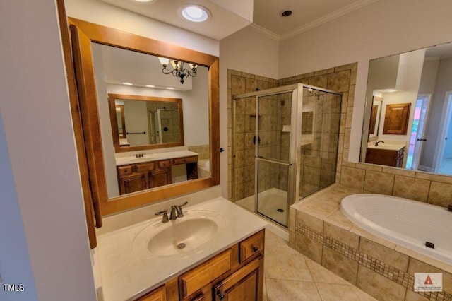 332 Bridgegate Dr, Cary, NC 27519 - full bathroom featuring a stall shower, a bath, ornamental molding, and two vanities