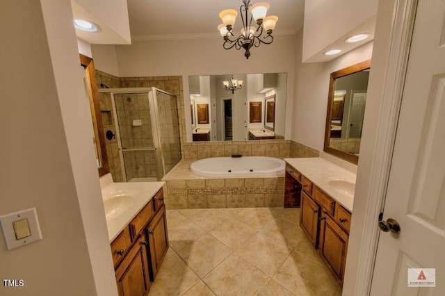 332 Bridgegate Dr, Cary, NC 27519 - bathroom with ornamental molding, a chandelier, a stall shower, tile patterned flooring, and two vanities