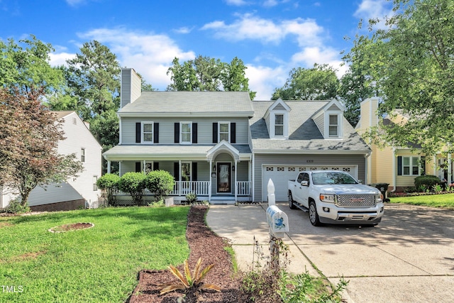 4309 Birmingham Way, Raleigh, NC 27604 - view of front of house featuring a porch, driveway, a front yard, a garage, and a chimney