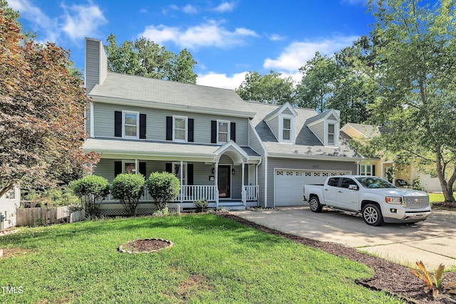 4309 Birmingham Way, Raleigh, NC 27604 - view of front facade with covered porch, concrete driveway, an attached garage, a chimney, and a shingled roof
