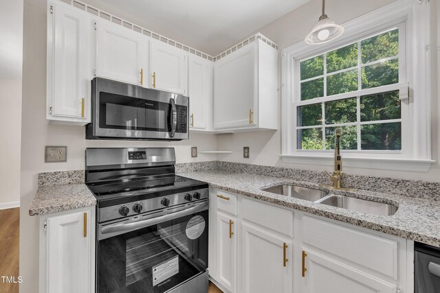 4309 Birmingham Way, Raleigh, NC 27604 - kitchen featuring appliances with stainless steel finishes, white cabinets, light stone countertops, pendant lighting, and wood finished floors