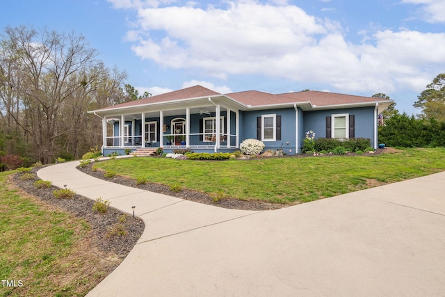 169 Skippers Lndg, Manson, NC 27553 - ranch-style home featuring covered porch, a front lawn, and stucco siding