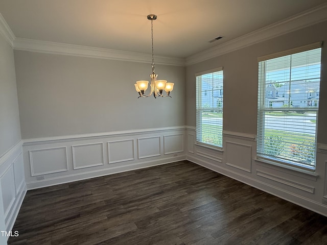 14 Gallop Rein Cir, Benson, NC 27504 - unfurnished dining area with a chandelier, crown molding, dark wood-type flooring, wainscoting, and a decorative wall