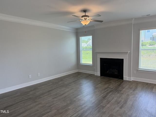 14 Gallop Rein Cir, Benson, NC 27504 - unfurnished living room with dark wood-type flooring, a ceiling fan, crown molding, and a fireplace