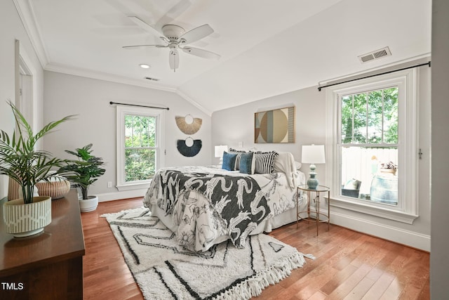 211 W Trinity Ave, Durham, NC 27701 - bedroom featuring vaulted ceiling, wood finished floors, ceiling fan, and ornamental molding