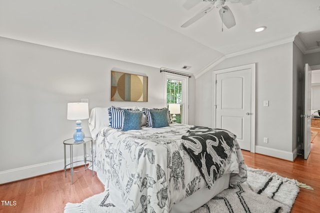 211 W Trinity Ave, Durham, NC 27701 - bedroom featuring vaulted ceiling, crown molding, wood finished floors, ceiling fan, and recessed lighting