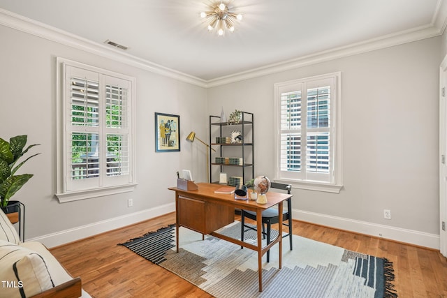 211 W Trinity Ave, Durham, NC 27701 - office area with crown molding, light wood finished floors, and a chandelier