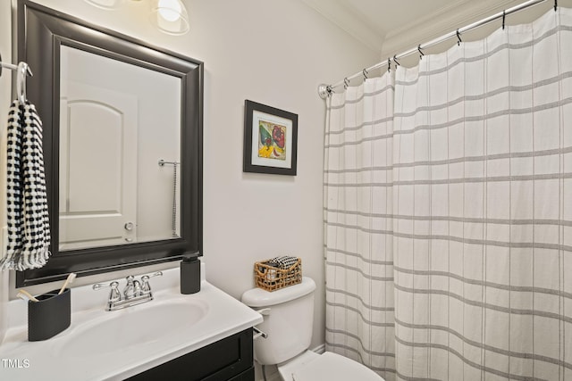 211 W Trinity Ave, Durham, NC 27701 - bathroom featuring crown molding, vanity, and curtained shower