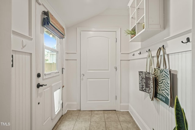 211 W Trinity Ave, Durham, NC 27701 - mudroom featuring light tile patterned floors and lofted ceiling