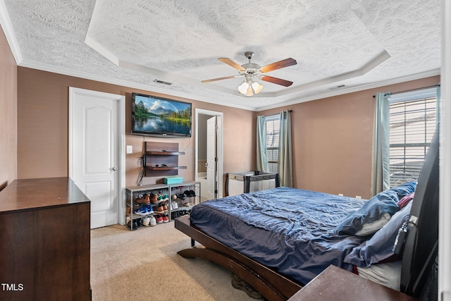 205 Driftwood Ln, Raeford, NC 28376 - bedroom with a textured ceiling, a tray ceiling, multiple windows, carpet, and crown molding