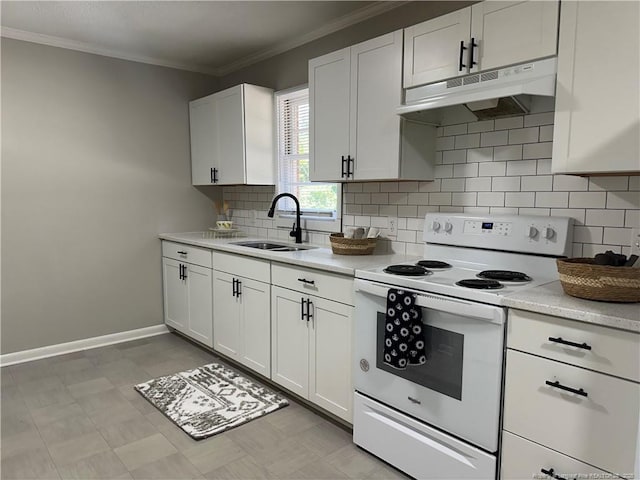 3513 Greenwood Dr, Fayetteville, NC 28311 - kitchen with electric range, under cabinet range hood, light countertops, white cabinets, and ornamental molding