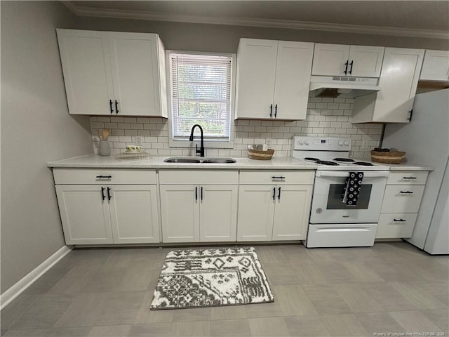3513 Greenwood Dr, Fayetteville, NC 28311 - kitchen featuring white appliances, under cabinet range hood, white cabinetry, light countertops, and backsplash