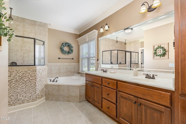 114 Boone Trl, Garner, NC 27529 - full bathroom with a shower stall, tile patterned flooring, a bath, double vanity, and crown molding