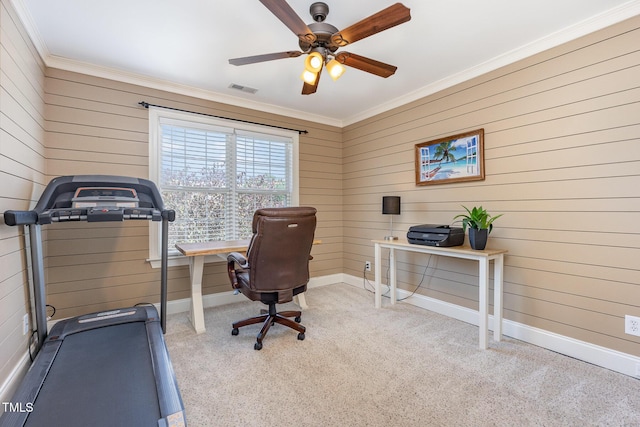 114 Boone Trl, Garner, NC 27529 - carpeted office with crown molding, wood walls, and ceiling fan