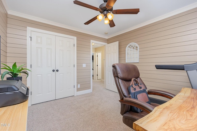 114 Boone Trl, Garner, NC 27529 - office area with wood walls, ornamental molding, ceiling fan, and carpet floors