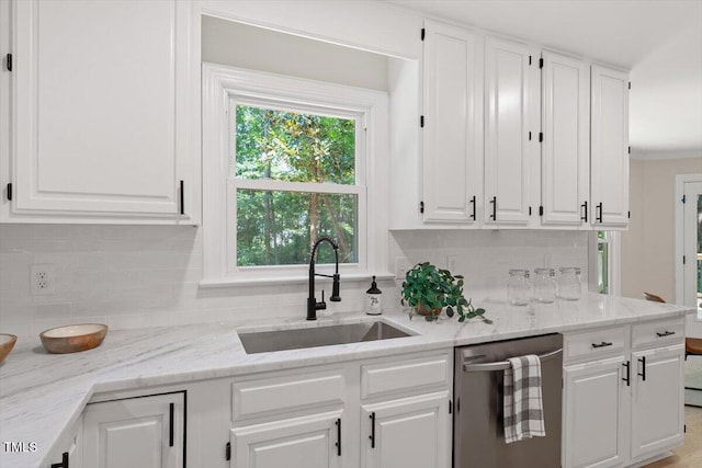 4006 New Yarmouth Way, Apex, NC 27502 - kitchen featuring stainless steel dishwasher, white cabinets, backsplash, and light stone counters