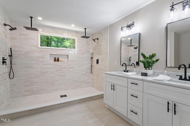 4006 New Yarmouth Way, Apex, NC 27502 - full bathroom featuring double vanity, tiled shower, and recessed lighting