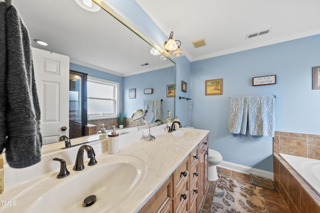 2027 River Grove Ln, Knightdale, NC 27545 - bathroom with crown molding, double vanity, and a garden tub