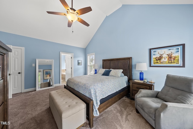 2027 River Grove Ln, Knightdale, NC 27545 - bedroom with high vaulted ceiling, carpet floors, ceiling fan, and ensuite bathroom