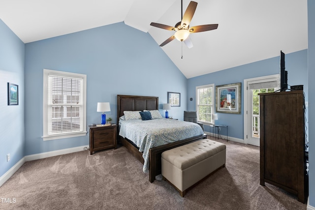 2027 River Grove Ln, Knightdale, NC 27545 - carpeted bedroom featuring access to outside, high vaulted ceiling, and a ceiling fan