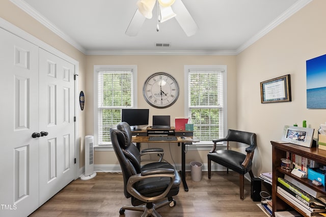 2027 River Grove Ln, Knightdale, NC 27545 - office area with wood finished floors, a ceiling fan, and ornamental molding