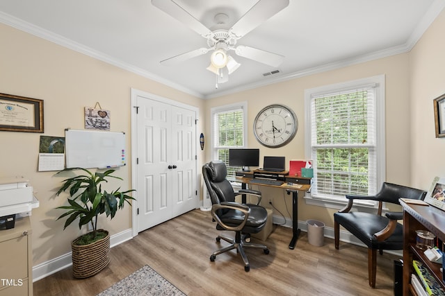 2027 River Grove Ln, Knightdale, NC 27545 - home office with ornamental molding, wood finished floors, and a ceiling fan