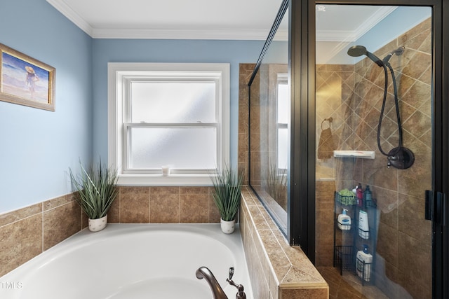 2027 River Grove Ln, Knightdale, NC 27545 - full bath with a bath, healthy amount of natural light, a shower stall, and ornamental molding